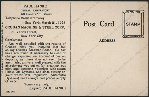 Cruban Machine & Steel Corporation, March  21, 1923, Branch Forks, Pricker, Strainer Postcard Reverse